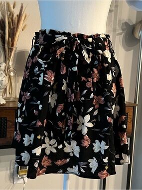 Floral Tie-Waist A-Line Skirt - Black with Pink & White Flowers
